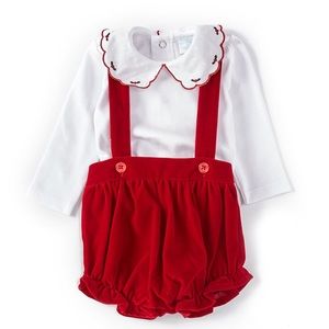 Edgehill Collection Peter Pan Collar Long Sleeve Top & Overall Bubble Set